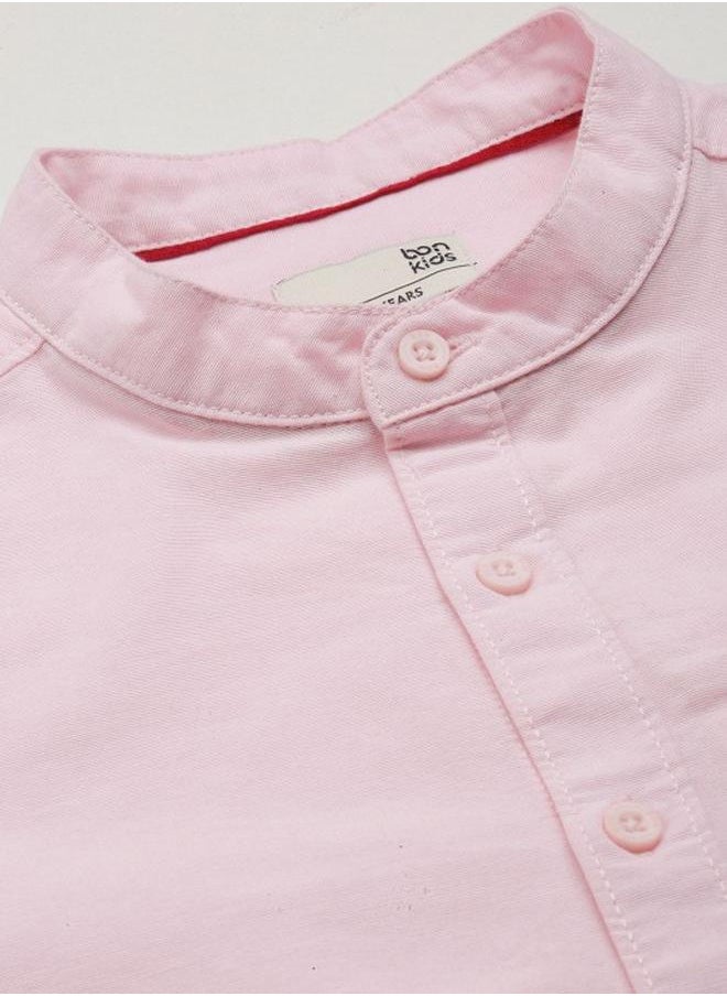 Bonkids - Boy's shirts in regular fit pink colour cotton fabric embellished pattern pull over closure woven weave type round collar type round neckline half sleeve length button down upper body wear type suitable for casual occasions – because standout style starts young! - Image 1