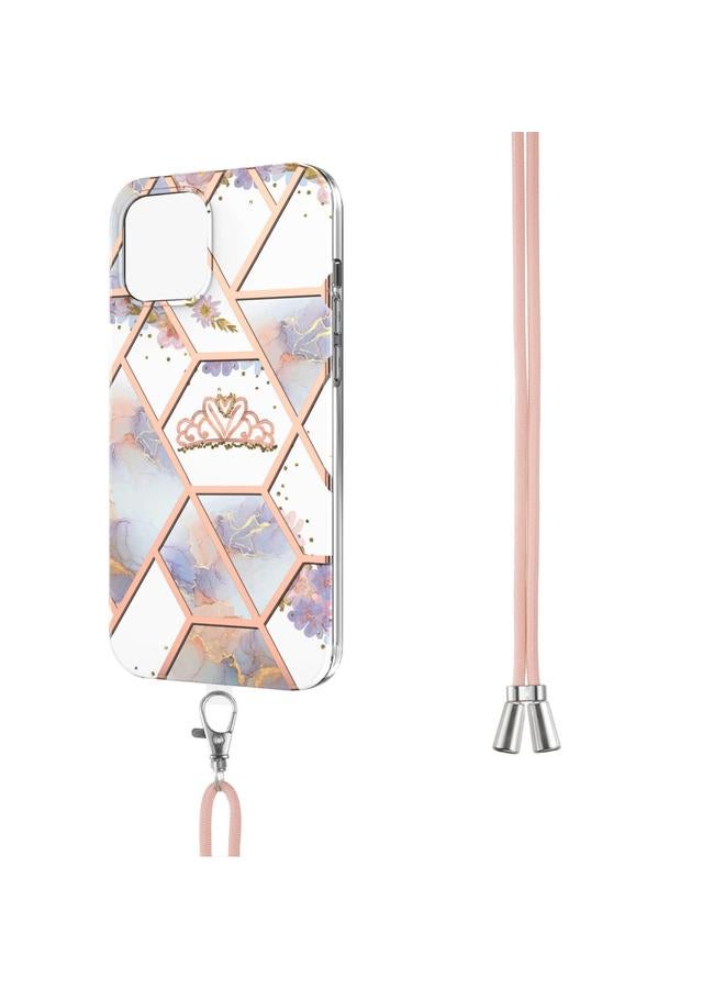 S-TOP Case For iPhone 13 Pro Electroplating Splicing Marble Flower Pattern TPU Shockproof Case with Lanyard - Image 3