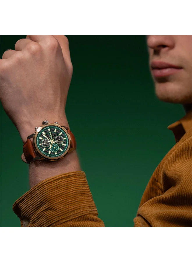 Timberland Men's Hampton Harbour 46 mm Men's Multifunction Watch Green Dial  & Brown Leather Strap