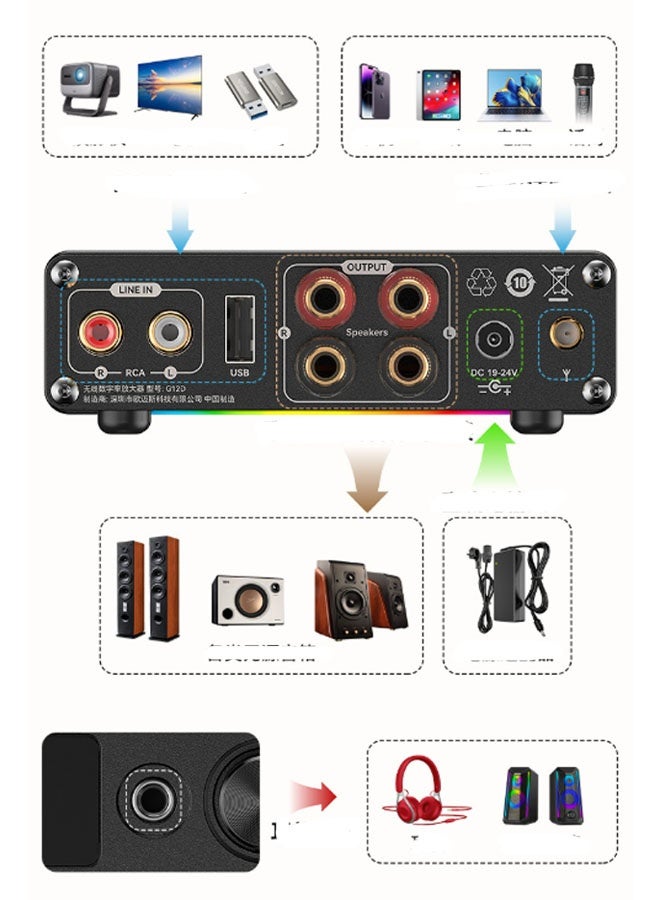 نيوترل مضخم صوت رقمي G12D (مصدر طاقة 24 فولت/5 أمبير)، مضخم صوت صغير Bluetooth 5.3، قناتان 200 واط، مناسب لأنظمة السينما المنزلية المنزلية/الخارجية/المرآب/المثبتة في السقف/السماعات السلبية (أسود) - Image 4