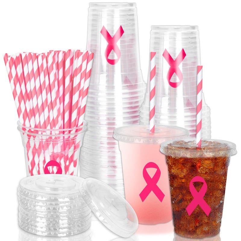 Whaline 50Pcs Breast Cancer Awareness Disposable Plastic Cups with Lids and Straws 12oz Pink Ribbon Cold Beverage Drinking Cups for Charity Event Women Party Supplies