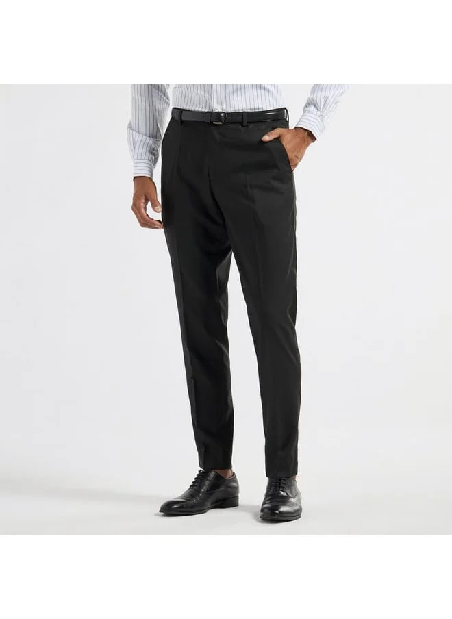 FAV Solid Slim Fit Flexi-Waist Trousers with Pockets and Button Closure