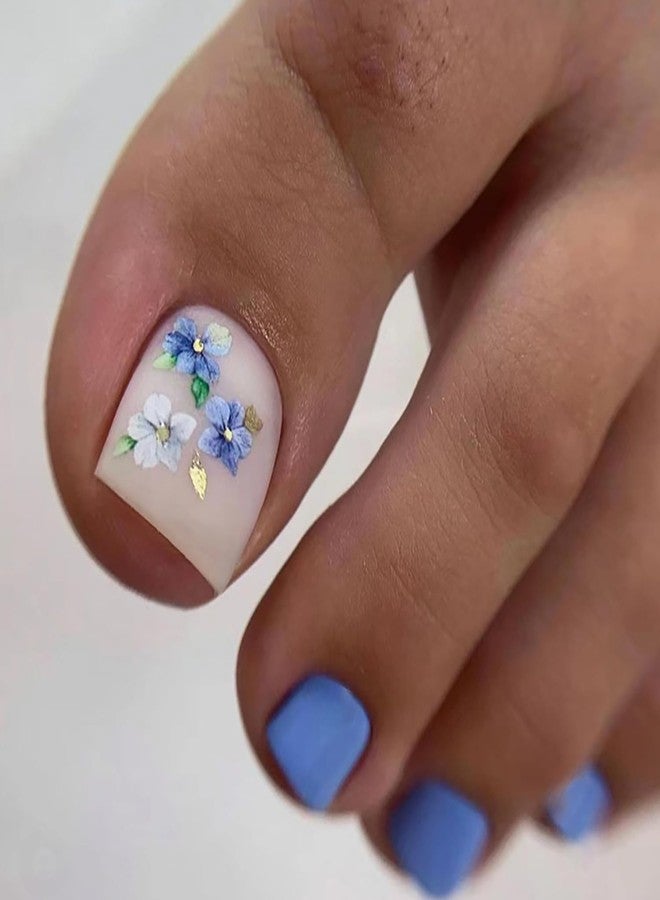Vezocim Press on Toenails with Orchid Flower Designs, 24Pcs Blue Artificial Short Fake Toenails, Matte Full Cover Acrylic False Nails for Toe, Glue Toenails with Charm for Women Girls - Image 1