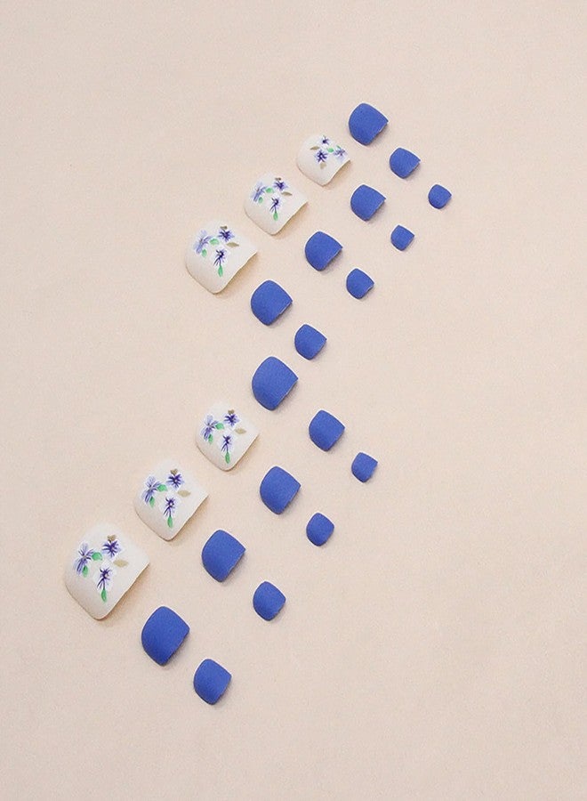 Vezocim Press on Toenails with Orchid Flower Designs, 24Pcs Blue Artificial Short Fake Toenails, Matte Full Cover Acrylic False Nails for Toe, Glue Toenails with Charm for Women Girls - Image 3