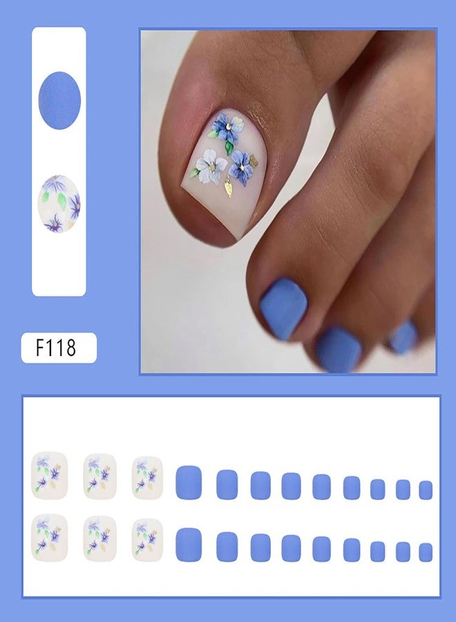 Vezocim Press on Toenails with Orchid Flower Designs, 24Pcs Blue Artificial Short Fake Toenails, Matte Full Cover Acrylic False Nails for Toe, Glue Toenails with Charm for Women Girls - Image 2