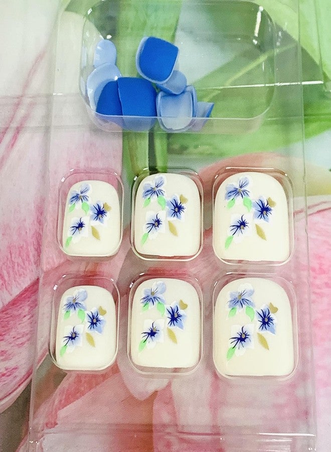 Vezocim Press on Toenails with Orchid Flower Designs, 24Pcs Blue Artificial Short Fake Toenails, Matte Full Cover Acrylic False Nails for Toe, Glue Toenails with Charm for Women Girls - Image 5