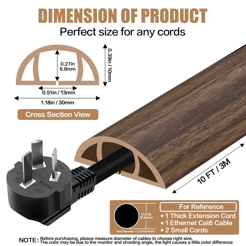 DBHXXMB-HH Floor Cord Cover Self Adhesive Cord Hider,10FT Cable Management, Extension Strip Protector for Wires, Prevent Cable Trips for Offices, Gyms, Exhibitions Cavity:0.39"(W) x 0.27"(H) Wood Walnut - Image 2