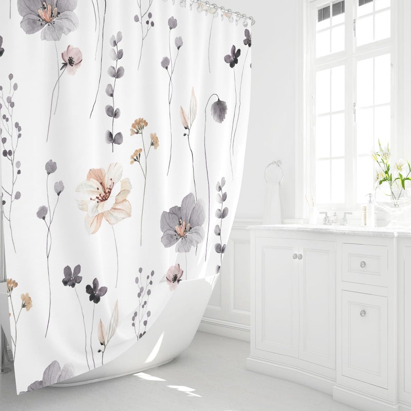 Gibelle Watercolor Floral Shower Curtain 72x72 Inch, Charcoal Grey Beige Flower Modern Minimalist Fabric Bathroom Decorative - Image 3