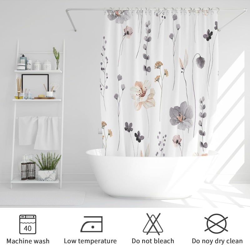 Gibelle Watercolor Floral Shower Curtain 72x72 Inch, Charcoal Grey Beige Flower Modern Minimalist Fabric Bathroom Decorative - Image 2