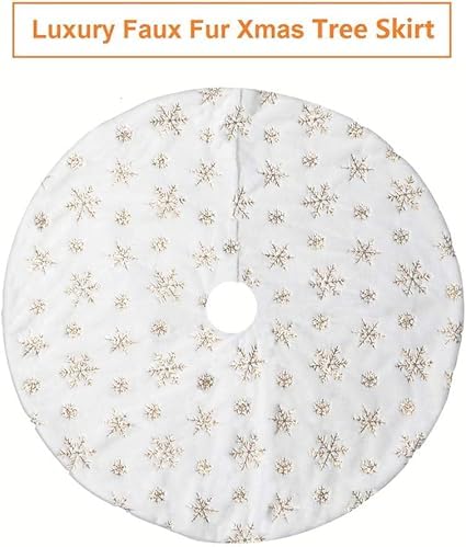 Partysanthe PartySanthe Christmas Tree Skirt Large WhiteGold Luxury Faux Fur with Snowflakes Tree Skirt Christmas Decorations Plush Tree Skirts Xmas Ornaments 36 inch  - Image 4