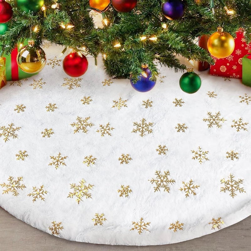Partysanthe PartySanthe Christmas Tree Skirt Large WhiteGold Luxury Faux Fur with Snowflakes Tree Skirt Christmas Decorations Plush Tree Skirts Xmas Ornaments 36 inch  - Image 1