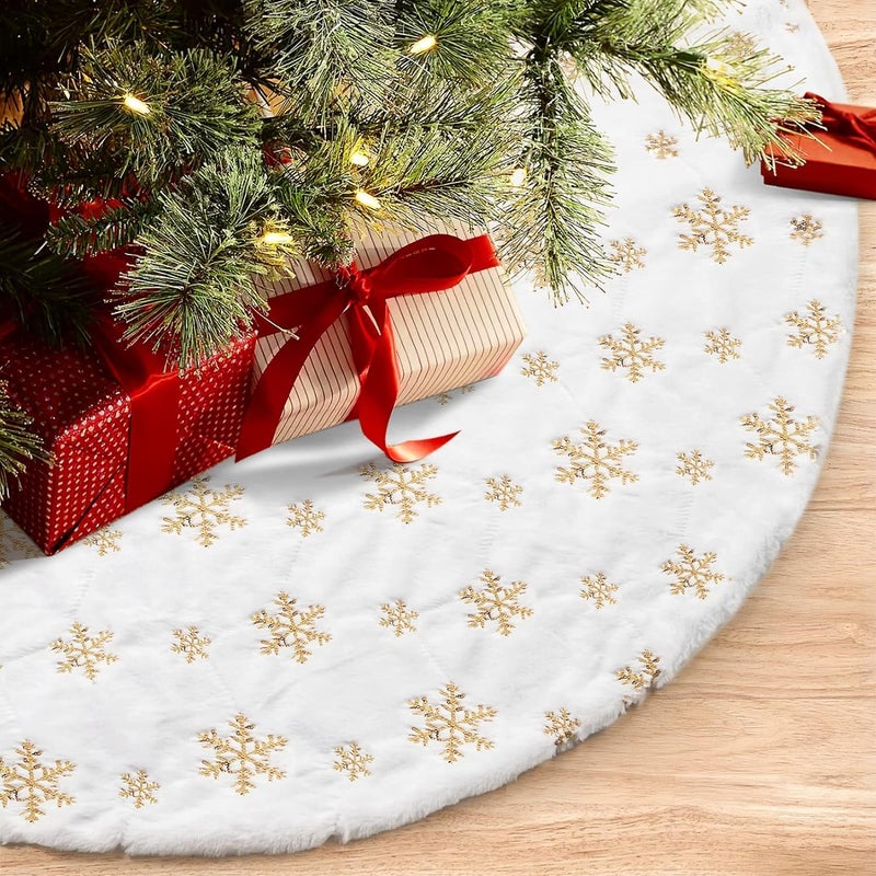 Partysanthe PartySanthe Christmas Tree Skirt Large WhiteGold Luxury Faux Fur with Snowflakes Tree Skirt Christmas Decorations Plush Tree Skirts Xmas Ornaments 36 inch  - Image 2
