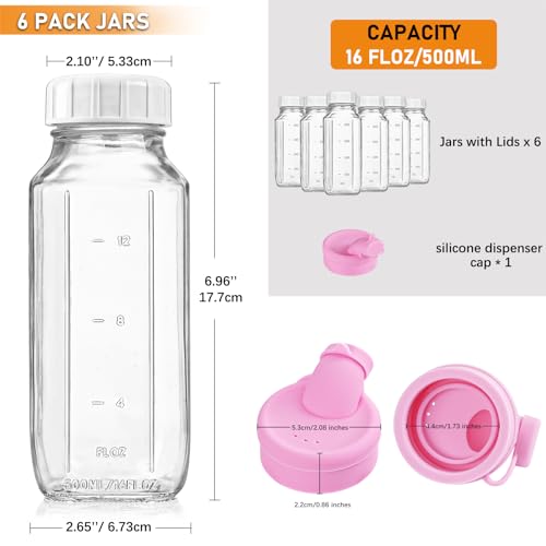 Sovietiep 16 Oz Square Glass Milk Bottles with A Silicone Cap, 6 Pack Glass Bottles for Juicing with Airtight Lids, Drinking Bottles with Lids and Scale Mark, Breast Milk Storage Jug Easy to Carry - Image 4