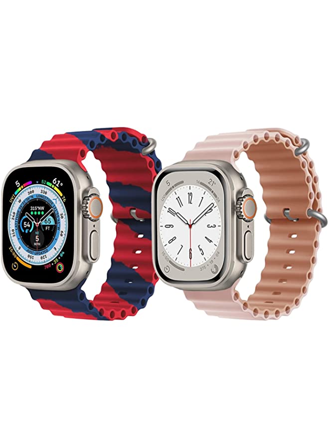 IAF Silicone Ocean Band Strap for Apple Watch Ultra 8 49mm Red/Blue Double Line Strap with Pink/Beige Double Side Strap Set of 2
