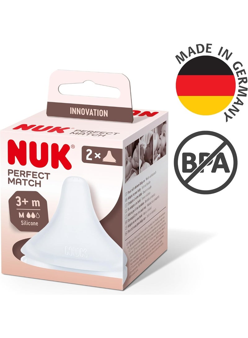 NUK Perfect Match Baby Bottle Teats Medium Silicone Teat 3+ Months 2 Pcs - Image 1
