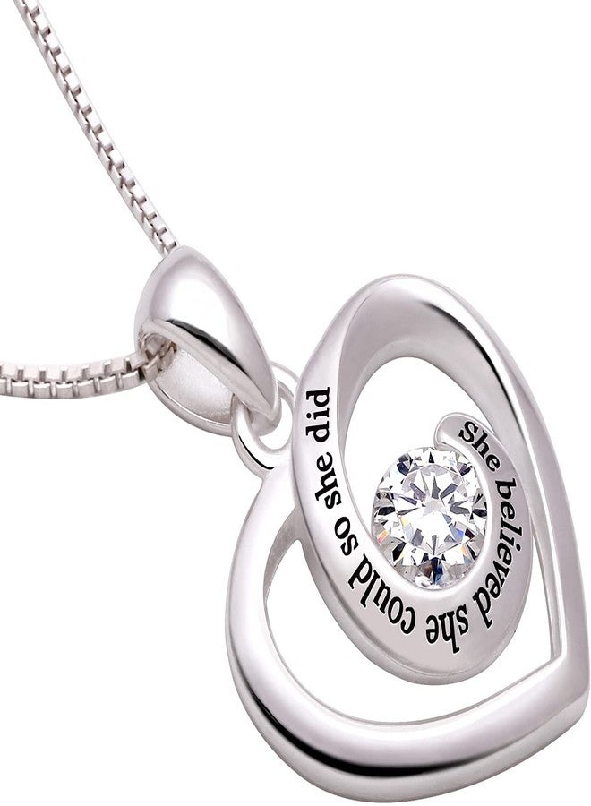 ALOV Jewelry Sterling Silver She believed she could so she did Love Heart Cubic Zirconia Pendant Necklace - Image 2