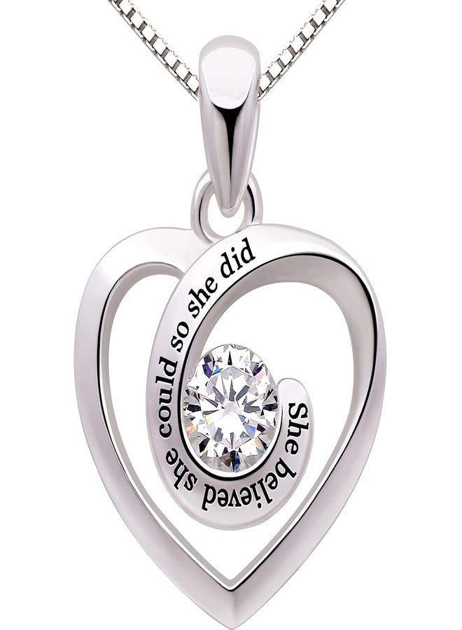ALOV Jewelry Sterling Silver She believed she could so she did Love Heart Cubic Zirconia Pendant Necklace - Image 1