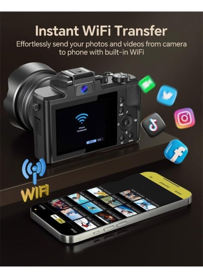 Makrystorm 8K Digital Camera, DSLR camera for Photography, 88MP Autofocus WiFi Vlogging Camera with Front and Rear Lens, Flash, Touch Screen, Lens Hood, 128GB Card (Black) - Image 3
