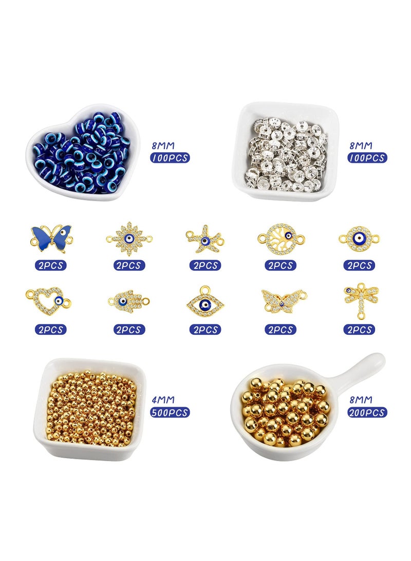 920-Piece Eye Beads Kit: Includes 20 Eye Rhinestone Charms, 100 Eye Beads, 100 Rondelle Spacer Beads, 500 Gold 4mm Round Beads, and 200 Gold 8mm Round Beads. Perfect for Crafting! - Image 2