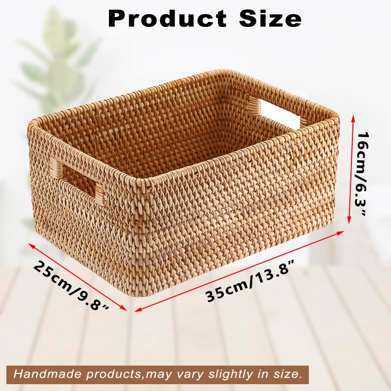 Hipiwe Handwoven Wicker Basket for Organizing Natural Rattan Basket with Handles Rectangular Closet Organizer Bin Multipurpose Storage Box, 13.8" x 9.8" x 6.3" - Image 3