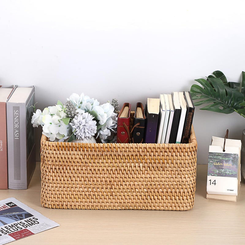 Hipiwe Handwoven Wicker Basket for Organizing Natural Rattan Basket with Handles Rectangular Closet Organizer Bin Multipurpose Storage Box, 13.8" x 9.8" x 6.3" - Image 5