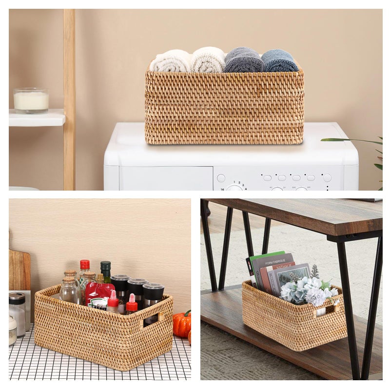 Hipiwe Handwoven Wicker Basket for Organizing Natural Rattan Basket with Handles Rectangular Closet Organizer Bin Multipurpose Storage Box, 13.8" x 9.8" x 6.3" - Image 4