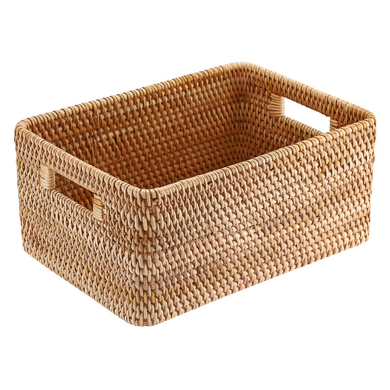 Hipiwe Handwoven Wicker Basket for Organizing Natural Rattan Basket with Handles Rectangular Closet Organizer Bin Multipurpose Storage Box, 13.8" x 9.8" x 6.3" - Image 1