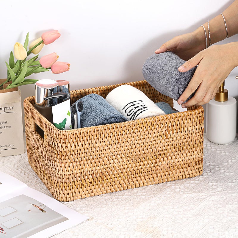 Hipiwe Handwoven Wicker Basket for Organizing Natural Rattan Basket with Handles Rectangular Closet Organizer Bin Multipurpose Storage Box, 13.8" x 9.8" x 6.3" - Image 2