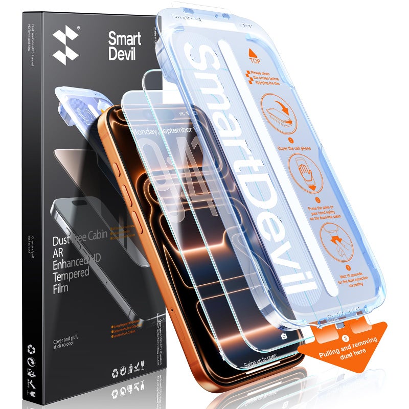 SMARTDEVIL 2 Pack Screen Protector for iPhone 17 Pro with AR Anti-Reflective Technology, 9H Hardness Military Grade Tempered Glass, Bubble Free and Auto Dust-Removal Box, Easy Installation - Image 1