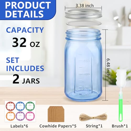 CARBLIN 2 Pack Mason Jars 32 oz, Blue Wide Mouth Canning Jars with Airtight Lids, Glass Pint Jars with Bands Labels Brush, Large Storage Quart Jars for Jam Fermenting Preserving - Image 3