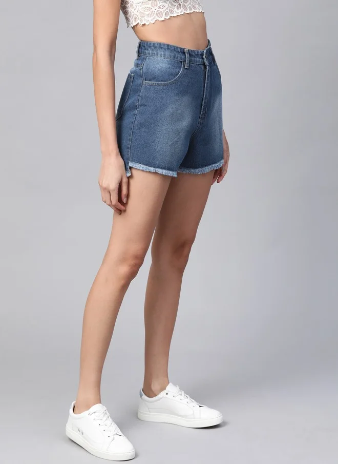 SASSAFRAS Blue Washed High-Rise Denim Shorts for Women