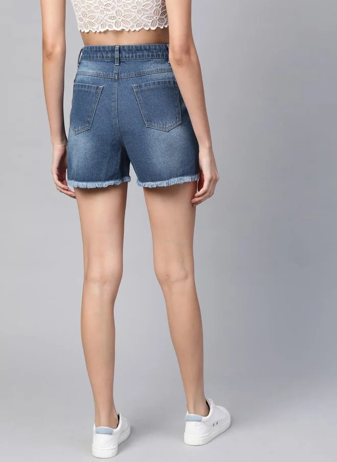 SASSAFRAS Blue Washed High-Rise Denim Shorts for Women