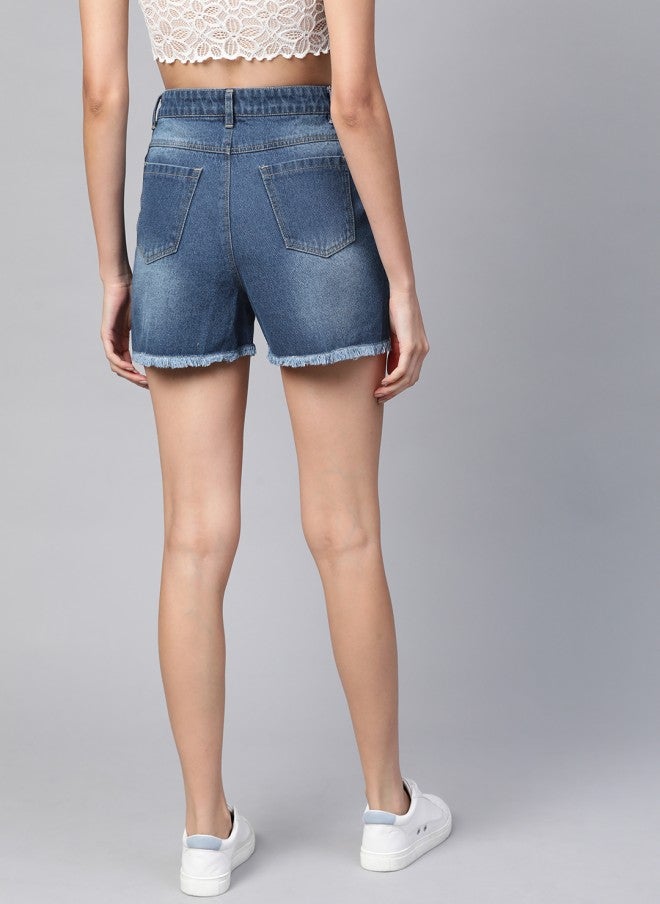 SASSAFRAS Blue Washed High-Rise Denim Shorts for Women - Image 3
