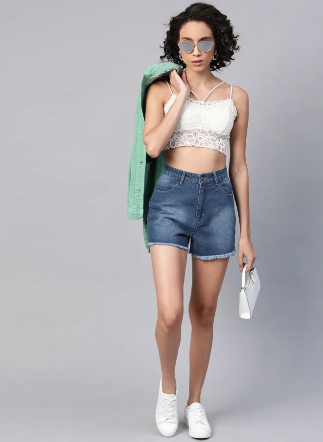 SASSAFRAS Blue Washed High-Rise Denim Shorts for Women