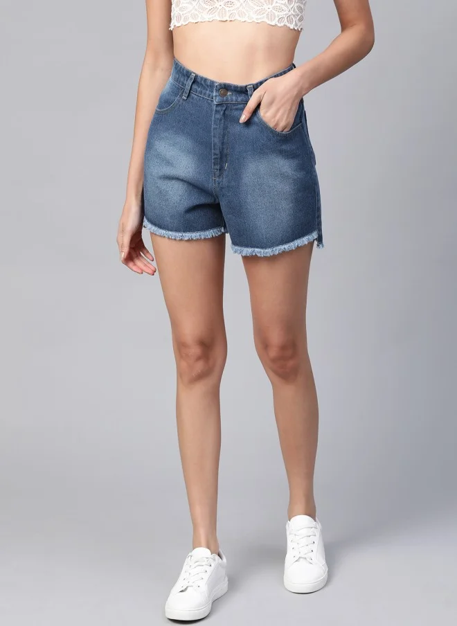 SASSAFRAS Blue Washed High-Rise Denim Shorts for Women