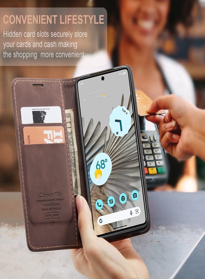 جراب Cracedily لهاتف Google Pixel 7 Pro، جراب جلدي قابل للطي مع حامل بطاقات وإغلاق مغناطيسي ومسند مقاوم للصدمات، غطاء حماية للهاتف، لون قهوة - Image 3