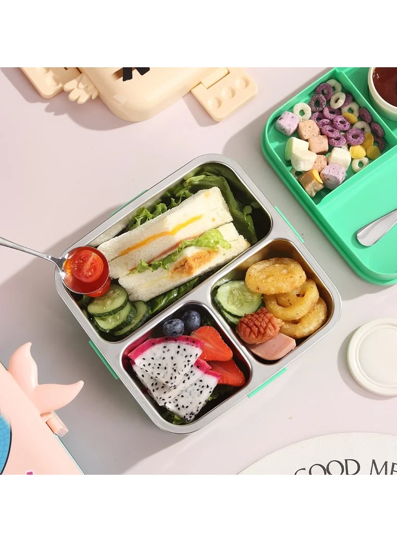 Mobcos Kids Lunch Box Stainless Steel Insulated – Double Decker Leakproof Bento Box with Spoon, Soup Bowl, Dishwasher Safe, for School or Travel– Ideal for Children (Green White)