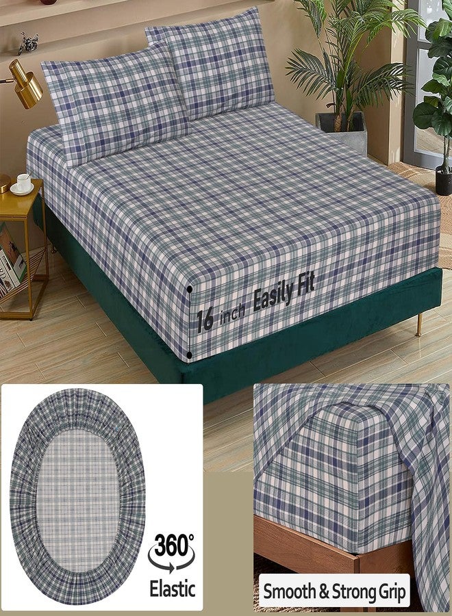 RUVANTI 100% Cotton King Size Sheets Set, 4 Pieces, Soft & Breathable Percale Weave Bedding, Deep Pocket 16", Hotel Standard, Crisp Cool Feel, Durable, Perfect Plaid Bed Sheet, Greenish Blue Plaid - Image 5