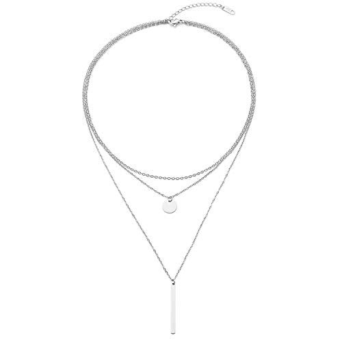 LETTARIUS Disc Bar Pendant Layering Necklace Stainless Steel Silver Plated Cute Charm Multi Layered Chain Choker Collar Fashion Statement Jewelry for Women - Image 1