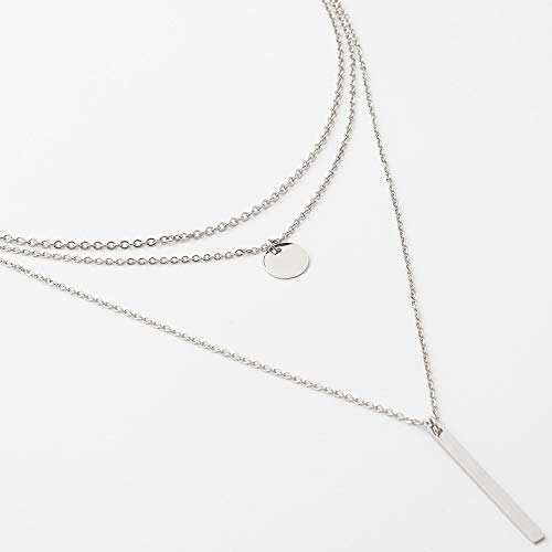 LETTARIUS Disc Bar Pendant Layering Necklace Stainless Steel Silver Plated Cute Charm Multi Layered Chain Choker Collar Fashion Statement Jewelry for Women - Image 5