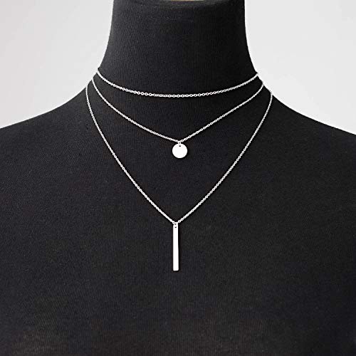 LETTARIUS Disc Bar Pendant Layering Necklace Stainless Steel Silver Plated Cute Charm Multi Layered Chain Choker Collar Fashion Statement Jewelry for Women - Image 2