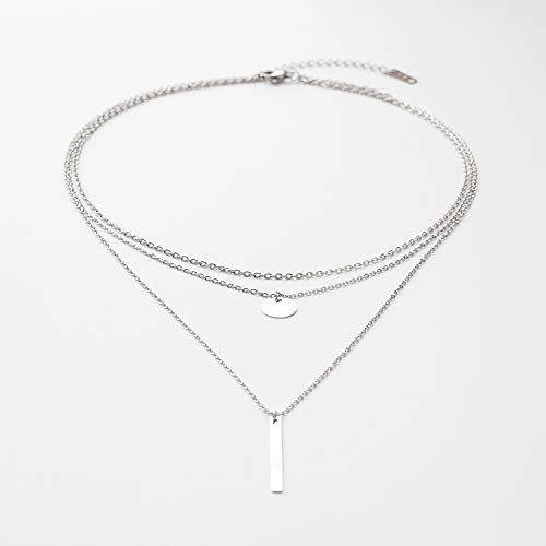 LETTARIUS Disc Bar Pendant Layering Necklace Stainless Steel Silver Plated Cute Charm Multi Layered Chain Choker Collar Fashion Statement Jewelry for Women - Image 4