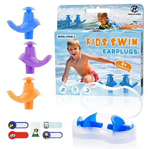Hearprotek Swimming Ear Plugs 3 Pairs Soft Waterproof Reusable Earplugs for Swimming Showering Bathing and Other Water Sports Suitable for 6 KidsBlueOrangePurple