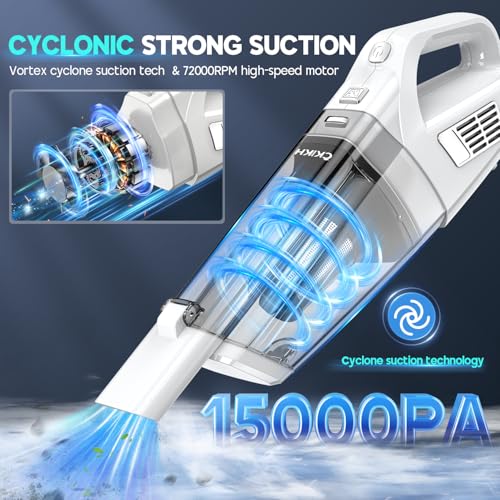CKIKH Handheld Vacuum Cordless, 15000PA Strong Suction Hand Held Car Vacuum Cleaner Portable with Multi-Nozzles & Washable Filter, Lightweight Rechargeable Vacuum Cleaner for Home, Car, Office, Pets - Image 2