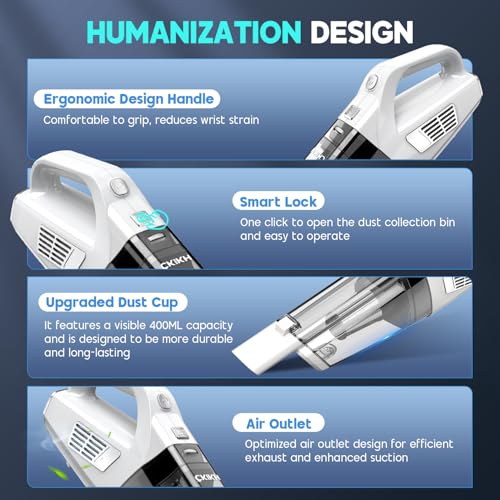 CKIKH Handheld Vacuum Cordless, 15000PA Strong Suction Hand Held Car Vacuum Cleaner Portable with Multi-Nozzles & Washable Filter, Lightweight Rechargeable Vacuum Cleaner for Home, Car, Office, Pets - Image 5