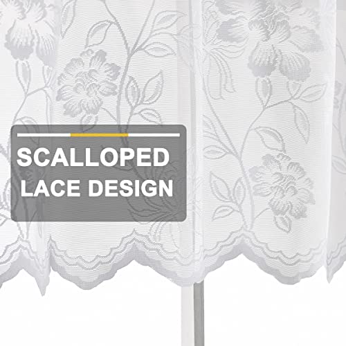 FINECITY White Lace Valance Curtain, Vintage Floral Leaf Embroidered Short Sheer Cafe Curtain for Kitchen Window, Rod Pocket Scalloped Bottom Sheer Valance, 52 x 18 Inch, 1 Panel, White - Image 4