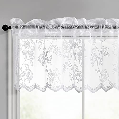 FINECITY White Lace Valance Curtain, Vintage Floral Leaf Embroidered Short Sheer Cafe Curtain for Kitchen Window, Rod Pocket Scalloped Bottom Sheer Valance, 52 x 18 Inch, 1 Panel, White - Image 1