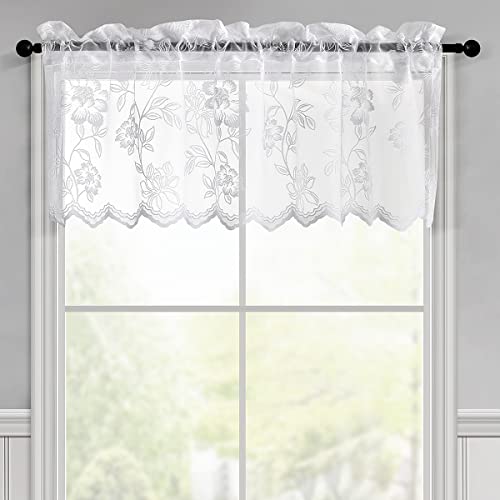 FINECITY White Lace Valance Curtain, Vintage Floral Leaf Embroidered Short Sheer Cafe Curtain for Kitchen Window, Rod Pocket Scalloped Bottom Sheer Valance, 52 x 18 Inch, 1 Panel, White - Image 2