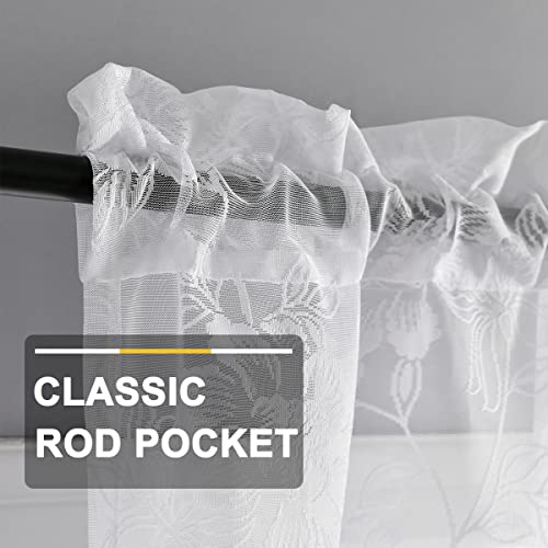 FINECITY White Lace Valance Curtain, Vintage Floral Leaf Embroidered Short Sheer Cafe Curtain for Kitchen Window, Rod Pocket Scalloped Bottom Sheer Valance, 52 x 18 Inch, 1 Panel, White - Image 3