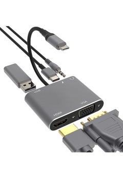 محول متعدد المنافذ 5 في 1 من VGA الى HDMI 4K، منفذ USB 3.0 نوع C لنقل البيانات، منفذ ميكروفون/صوت 3.5 ملم، تقنية توصيل الطاقة PD بقدرة 100 واط، لاجهزة ماك بوك اير وديل XPS وغير ذلك